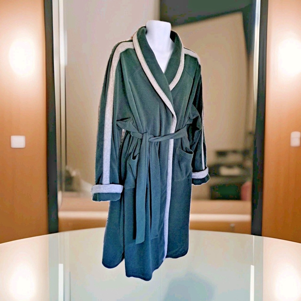 Stan Herman Bathrobe XL/XXL Green Velour Gray Trim Belted‎ Full Length Cozy Warm